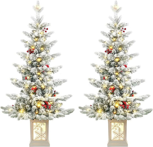 Two Pack Small Pre-Lit Christmas Tree with LED Lights - 3.5FT Snow Flocked Ariticifial Tree with Snowflake Base, Battery Operated & Auto Timer for Home Office Xmas Decor