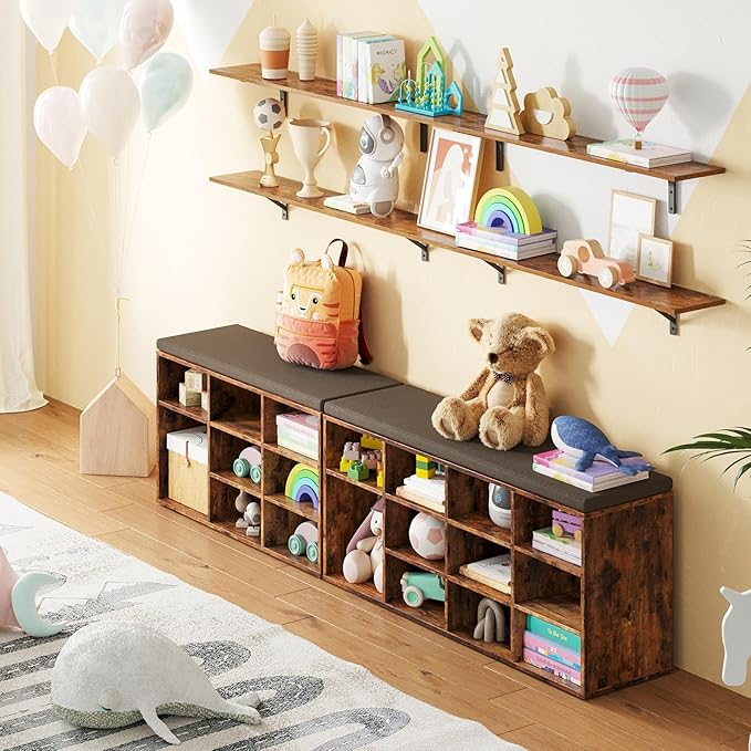 DINZI LVJ Shoe Storage Bench with Cushion, Cubby Shoe Rack with 12 Cubbies, Adjustable Shelves, Multifunctional Shoe Organizer Bench for Entryway, Mudroom, Hallway, Closet and Garage, Rustic Brown