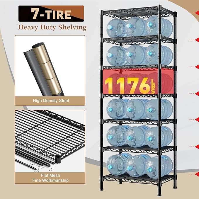 REIBII 7-Tier Metal Shelving Unit, 71’’H x 18’’W x 18’’D, 1176 LBS Weight Capacity, Adjustable Garage Shelving for Storage, Heavy Duty Shelves for Kitchen, Living Room, Bathroom etc.