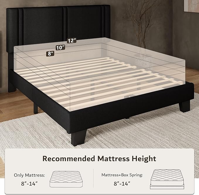 iPormis Full Platform Bed Frame with Fabric Upholstered Headboard & Thickened Legs, Mattress Foundation with Solid Wooden Slats Support, No Box Spring Needed, Noise Free, Black