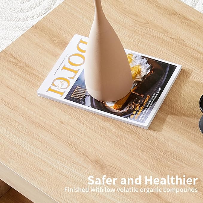 43.3" Coffee Table with Storage, 2-Tier Mid Century Rectangular Accent Table with Thick Tabletop, Rustic Style Cocktail, Center Table for Living Room, Office, Apartment (Natural Wood)