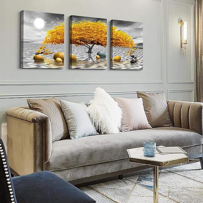 Wall decorations for living room Canvas Wall Art for bedroom Abstract wall decor Black and white Canvas Art Yellow tree paintings bathroom Home Decoration 3 Piece Hang Pictures Office Wall Artworks