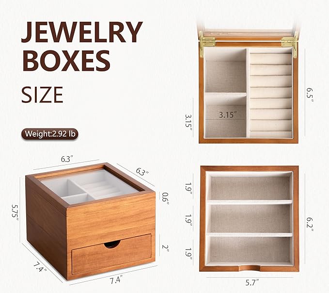 Jewelry Box with Glass Lid, 2 Layer Jewelry Organizer for Women, Solid Wooden Jewelry Box Display for Ring Earrings Necklace Bracelet, Pine Wood Jewelry Boxes Vintage Style for Gifts