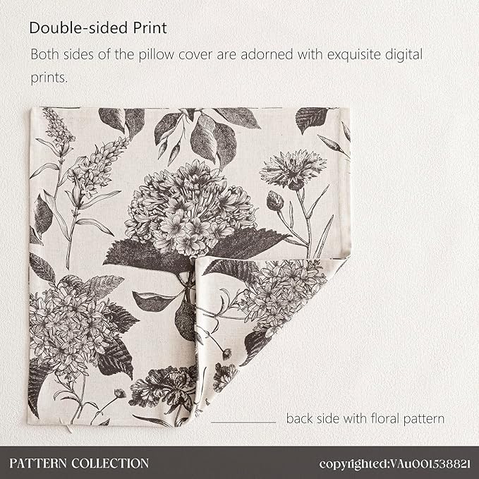 Foindtower Set of 2 Linen Floral Vintage Throw Pillow Covers Neutral Accent Print Decorative Cushion Covers Farmhouse Boho Home Decor for Sofa Chair Couch Bedroom Living Room Outdoor,20×20 Inch,Black
