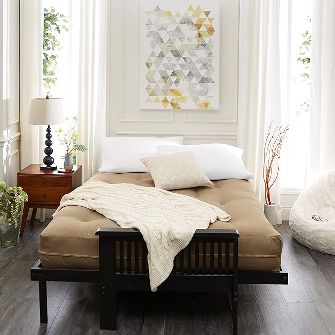 Mozaic Full Size 8-Inch Cotton Twill Gel Dual Memory Foam Futon Mattress, Khaki