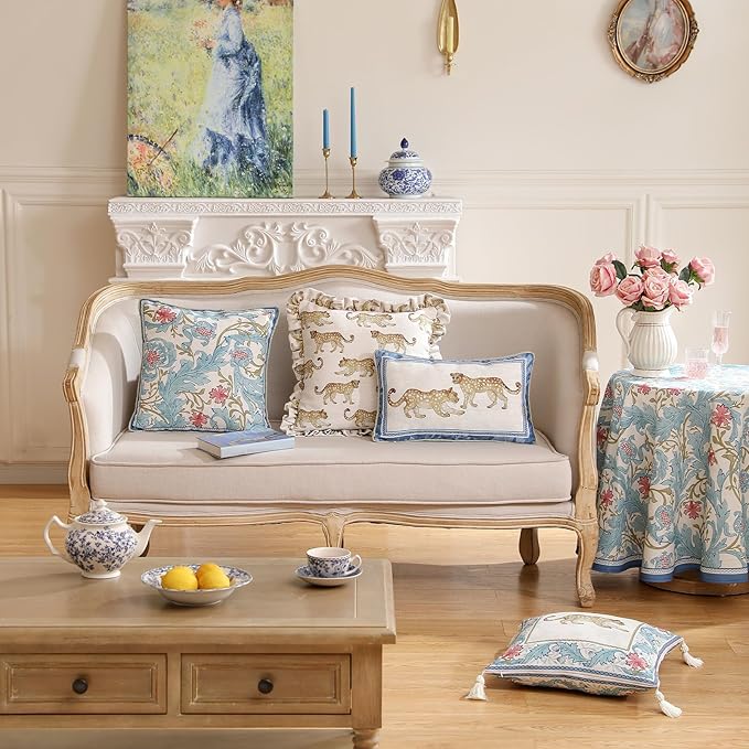 patdrea Designer Throw Pillow Covers for Couch 18"x18",Vintage Linen Pillows Cover with Cheetah Pattern and Luxury Pendant,Farmhouse Decorative Pillowcases for Bed Living Room Outdoor Set of 2