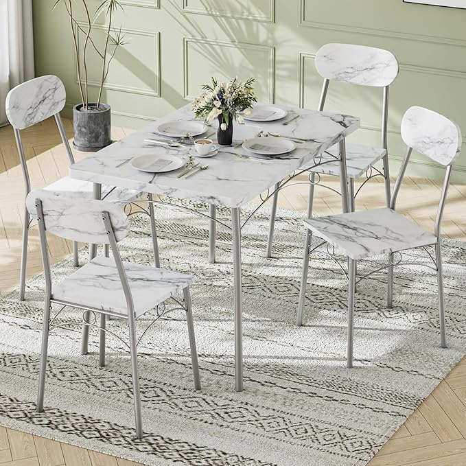 VECELO Dining Table Set for 4, 5-Piece Kitchen Table with 4 Chairs, MDF Board Tabletop with Metal Frame for Small Space, Compact Dinette, Breakfast Nook, White
