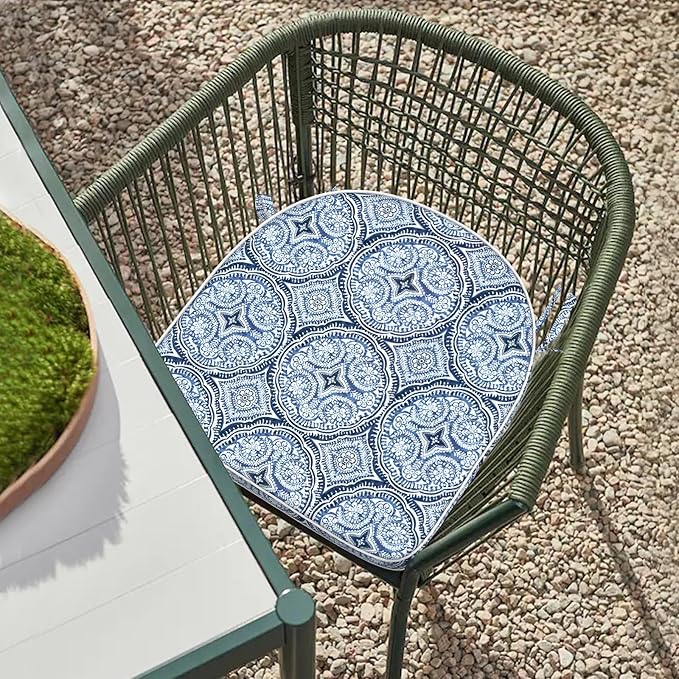 Set of 2 Outdoor Chair Cushions 19"x19"x2",Water Repellent Dining Seat Cushion with Ties and Removable Covers, Chair Cushions for Indoor and Patio Furniture, Medallion Blue
