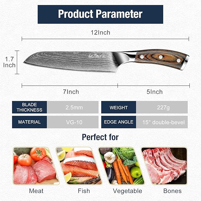 Latim's Professional Santoku Chef Knife 7 inch，Damascus Kitchen Knives Made of Japanese VG-10 Stainless Steel with Unique Pattern，Ultra Sharp Blade and Ergonomic Handle