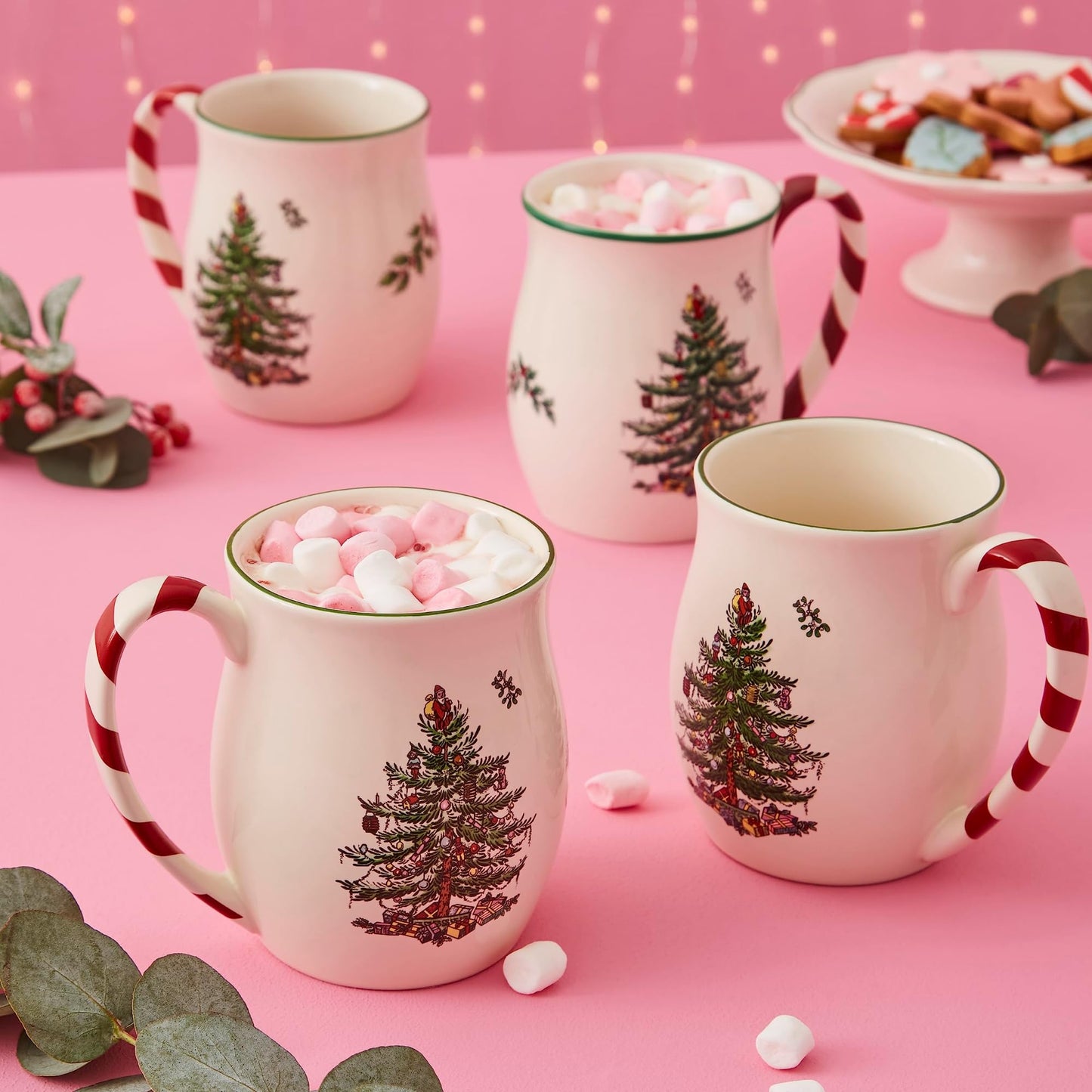 Spode Christmas Tree 14 oz Holiday Mugs (Set of 4) - Festive Coffee Cups with Peppermint Candy Cane Handle, Stoneware Christmas Drinkware Ideal for Hot Cocoa, Holiday Tea & Winter Beverages