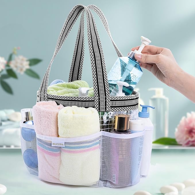 Mesh Shower Caddy Portable for College Dorm Room Essentials with Waterproof Phone Pouch, Shower Bag with Reinforced Bottom for Beach,Camping, Swimming,Gym, Quick Dry Toiletry Bag with 6 Pockets
