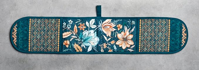 Maison d' Hermine Double Oven Mitt (7" x 35") 100% Cotton Heat Resistant BBQ Cooking Gloves with Loop for Thanksgiving Christmas Decorations Baking Cooking Handling Hot Pan (Luxury Loft - Dark Teal)