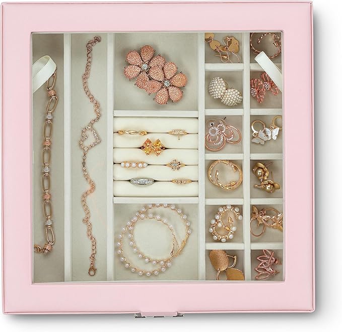 Co 28 Section Jewelry Box - 2 Layer & Buckle Magnet Closure - Large Glass Top - Leather Design - Soft Pink - Jewelry Organizer for Women & Girls - for Earring Ring Necklace & Bracelet