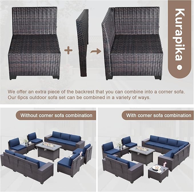 Kurapika 13 Pieces Patio Furniture Set, Rattan Wicker Outdoor Conversation Sets w/43in Propane Fire Pit Table(Navy Blue)
