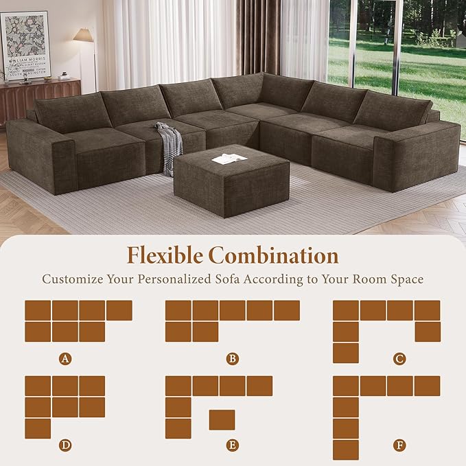 Vesgantti 143.7" Oversized Boneless Modular Couch, Modern 6 Seater Sectional Sofa with Ottoman & Deep Seat, Convertible Chenille Cloud Couches for Living Room, No Assembly Required, Dark Brown