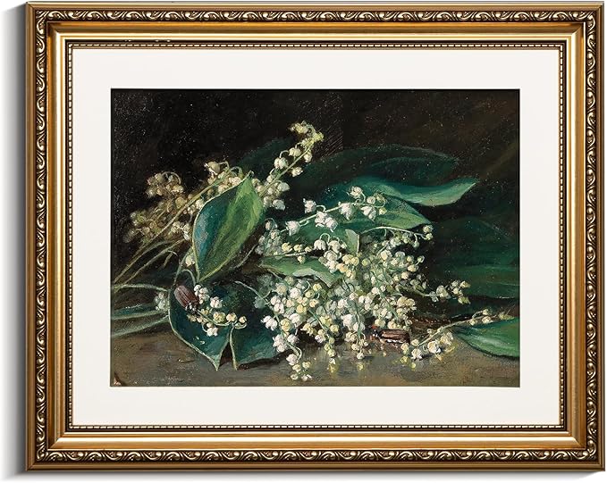 VIYYIEA Gold Framed Wall Art Canvas Print Home Decor Botanical Plant Wall Art Prints Bathroom Wall Decor Green Suzuran Plant Flower Wall Picture for Bedroom Floral Kitchen Art Boho Room Decor 13x16in