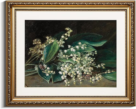 VIYYIEA Gold Framed Wall Art Canvas Print Home Decor Botanical Plant Wall Art Prints Bathroom Wall Decor Green Suzuran Plant Flower Wall Picture for Bedroom Floral Kitchen Art Boho Room Decor 13x16in