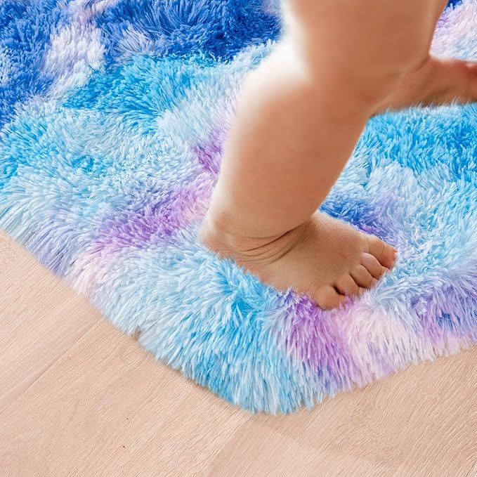 junovo Ultra Soft Hexagon Rug Fluffy Rainbow Nursery Rug for Princess Tent Kids Play Castle, Furry Hexagonal Carpet for Kids Girls Room Playhouse Classroom Dorm Home Decor, 4.6ft Tie-Dye Blue-Purple