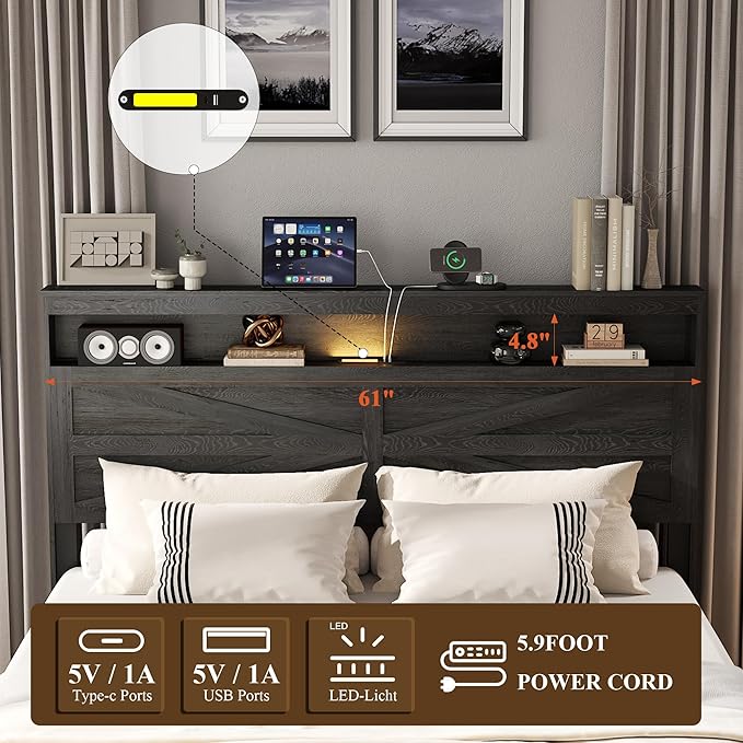 Farmhouse Queen Size Bed Frame with Headboard Storage Shelf, Wood Platform Bed Frame with LED Lights & Charging Station, Rustic Black Metal Bed, No Box Spring Needed, Noise-Free Sturdy Structure