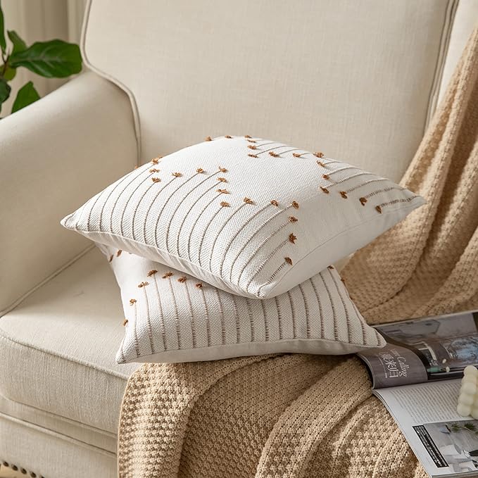 Caflife Boho Throw Pillow Covers 18x18 Set of 2 Decorative Pillows for Bed, Neutral Pillow Covers Beige with Brown Line Throw Pillows for Modern Farmhouse Couch Sofa Living Room Outdoor