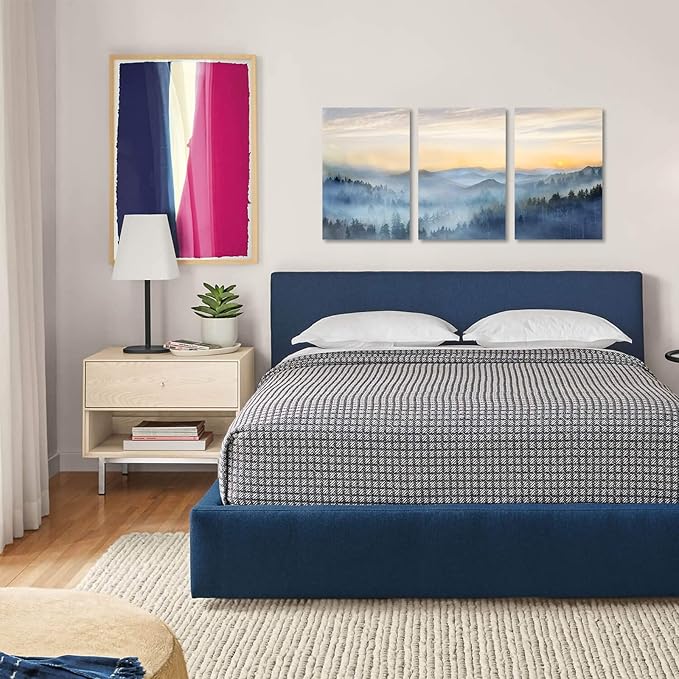 Wall Decor for Bedroom 3 Panel Sunrise Misty Forest Print Picture Paintings Wall Art for Living Room Bathroom Framed Canvas Artwork Modern Room Wall Decorations Size 16x24 x 3 Piece Ready to Hang