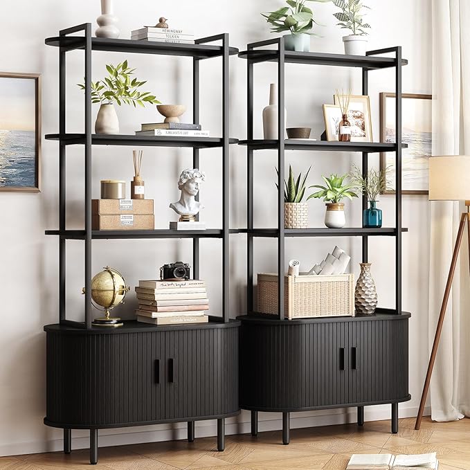 71" Tall Bookshelf, 4-Tier Book Shelf with Storage Cabinet, Modern Bookcase with Sliding Door and Adjustable Footpad, Freestanding Storage Organizer Bookshelf for Living Room, Bedroom, Black