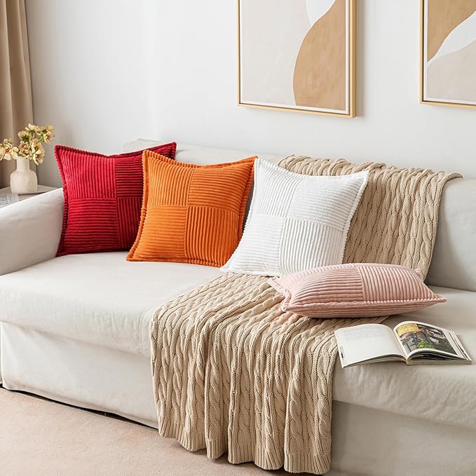 MIULEE Christmas Decorative Euro Sham Throw Pillow Covers for Couch Bed Livingroom 24x24 Inch Set of 2 Red Boho Accent Throw Pllows Broadside Striped Patchwork Soft Corduroy Pillowcases