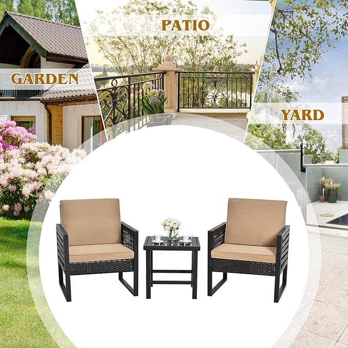 Tangkula 3 Piece Patio Wicker Bistro Set, Outdoor Rattan Sofa, Conversation Furniture w/Coffee Table, Seat and Back Cushions, Garden, Backyard, Balcony, Poolside