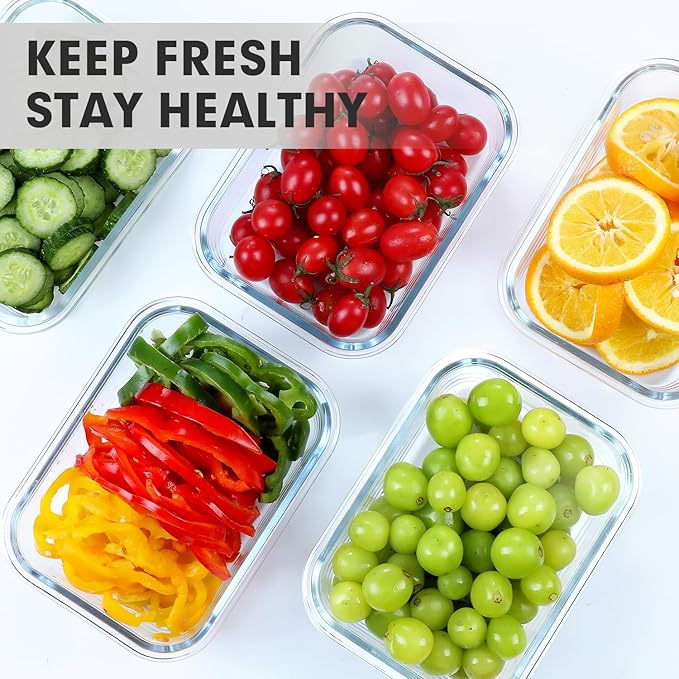 VERONES 5 Pack 36 OZ Glass Meal Prep Containers, Airtight Glass Lunch Containers Set, Food Storage Containers with Lids,Exclusive of BPA, for Microwave, Oven, Freezer & Dishwasher Friendly,White