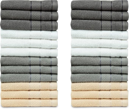 Casa Lino Face Towels & Body Wash Cloths for Showering - 100% Cotton Wash Cloths for Bathroom - Highly Absorbent & Quick Drying Washcloth Set - Cotton Washcloths 24 Pack (12" x 12") - (Multicolor I)