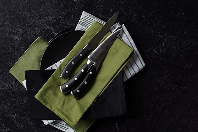 8-Piece Serrated Kitchen Steak Knife Set – Forged High Carbon Stainless Steel, Ultra Sharp, Ergonomic Black Handles, Durable Dinner Knives, Black Handle