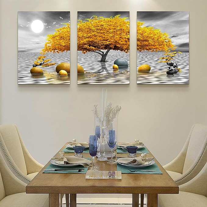 Wall decorations for living room Canvas Wall Art for bedroom Abstract wall decor Black and white Canvas Art Yellow tree paintings bathroom Home Decoration 3 Piece Hang Pictures Office Wall Artworks
