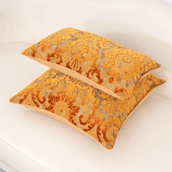 Alerfa Boho Orange Floral Throw Pillow Cover 18x18 Inch Cut Velvet Sqaure Luxury Embroidered Decorative Pillow Cover for Couch Living Room Bedroom