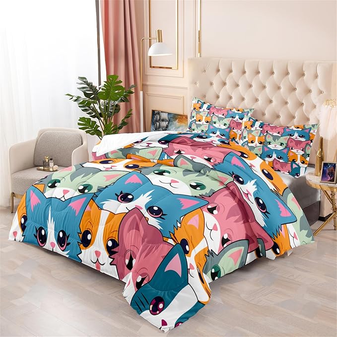 Neon Cats Bedding Set for Girls-Full Size Cartoon Comforter Girls Room Black Pattern Full Soft Breathable with 2 Pillowcases All-Season