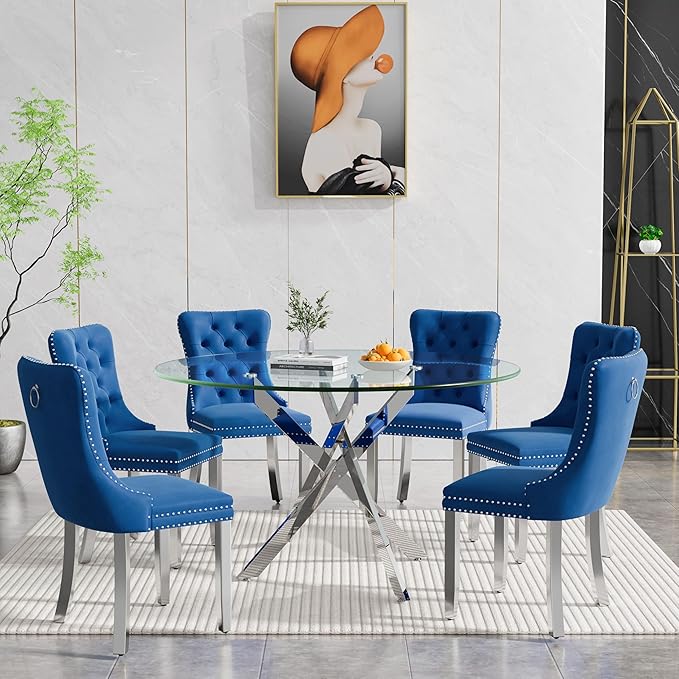 Goujxcy Round Dining Table Set for 6, Modern Glass Kitchen Table and Chairs Set of 6, 7-Piece Dining Room Table Set w/47 Circle Silver Glass Dining Table and 6 Upholstered Velvet Chairs