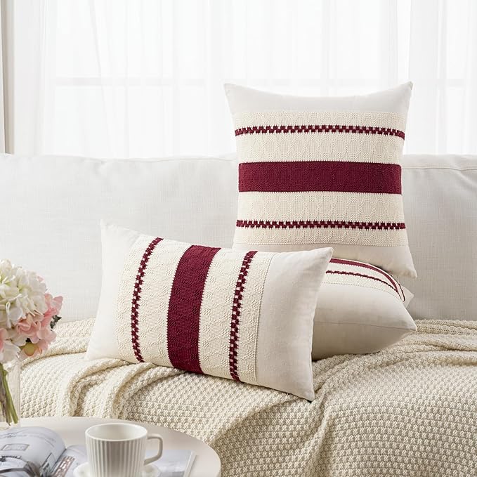 Fancy Homi Set of 2 Burgundy Boho Big Decorative Throw Pillow Covers 24x24 Inch for Couch Bed Sofa, Aesthetic Modern Farmhouse Christmas Room Decor, Soft Cotton Textured Wind Red Cushion Case