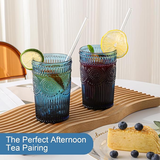 Vintage Glassware Drinking Glasses Set of 6,13 oz Blue Textured Flower Design Glass Water Tumblers，Embossed Striped Drinkware for Water,Cocktails,Juice,Iced Coffee