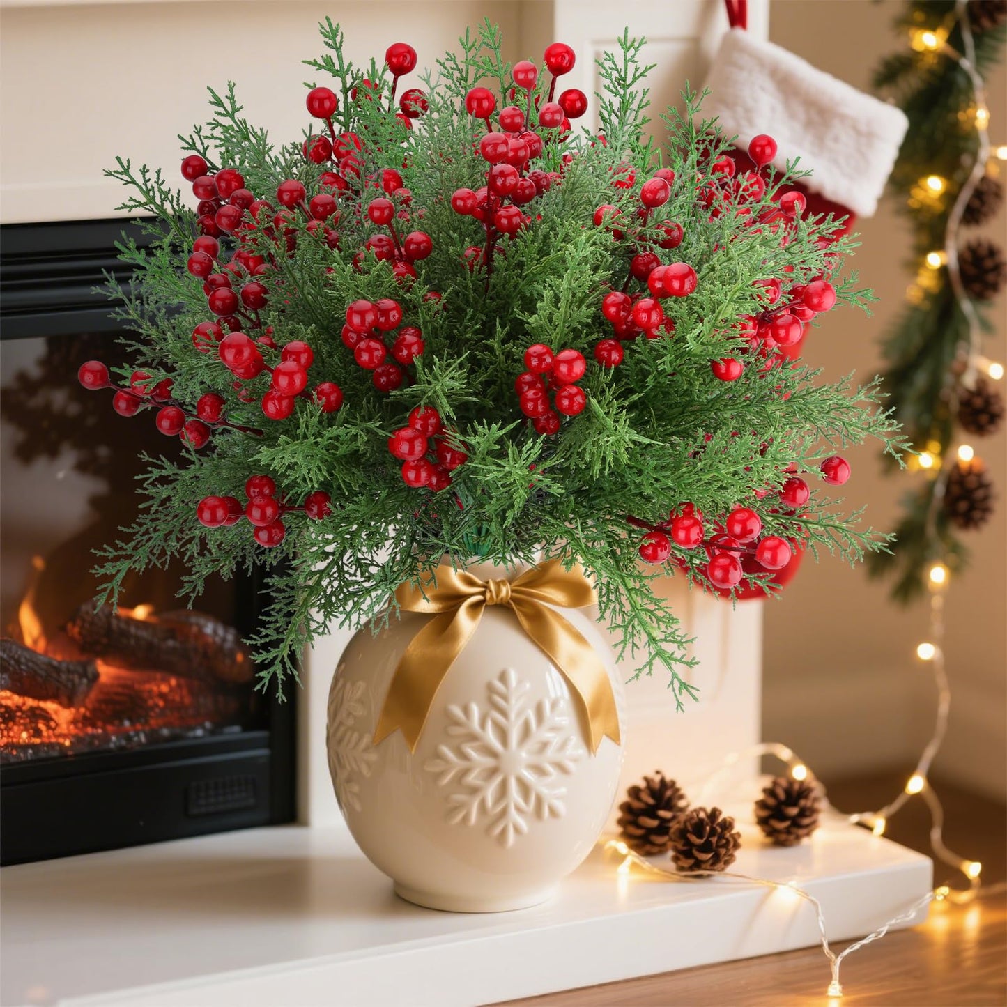 4 Bundles Artificial Christmas Flowers with Red Berry Stems, Fake Norfolk Pine Garland Branches for Winter Decor, Faux Christmas Garland Tree Picks and DIY Crafts