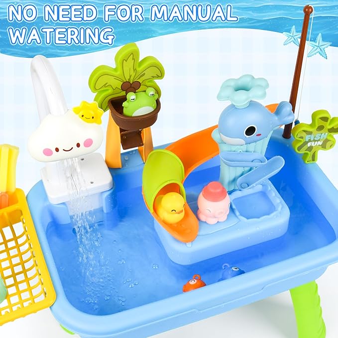 2026 Upgraded Water Table for Toddlers 1-3, Water Table with Pump,Toy Kitchen Sets for Kids Ages 4-8, with Detachable Legs, Play Sink with Electric Faucet, Includes Play Vegetables and Fishing Game