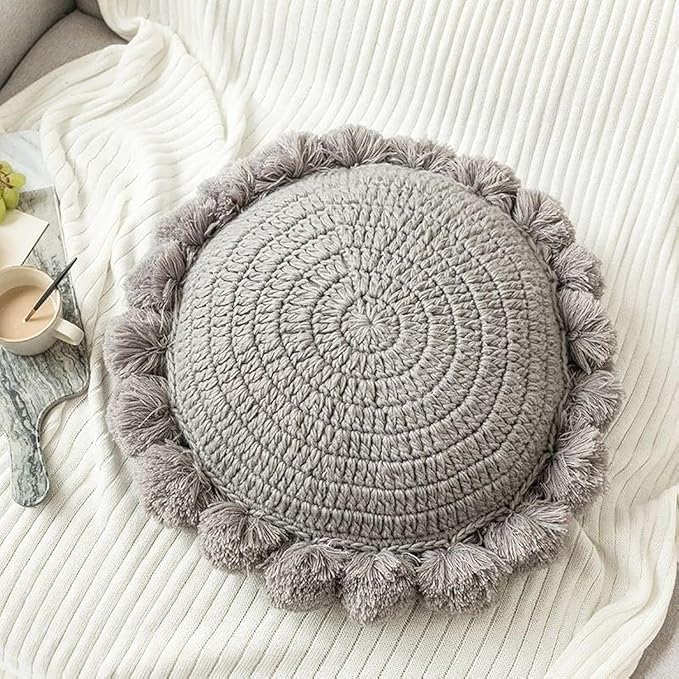 Knitted Throw Pillow Round Couch Pillow Sofa Cute Cushion Handmade Pompoms Decorative Plush Pillow (Grey, Diameter 18inches)