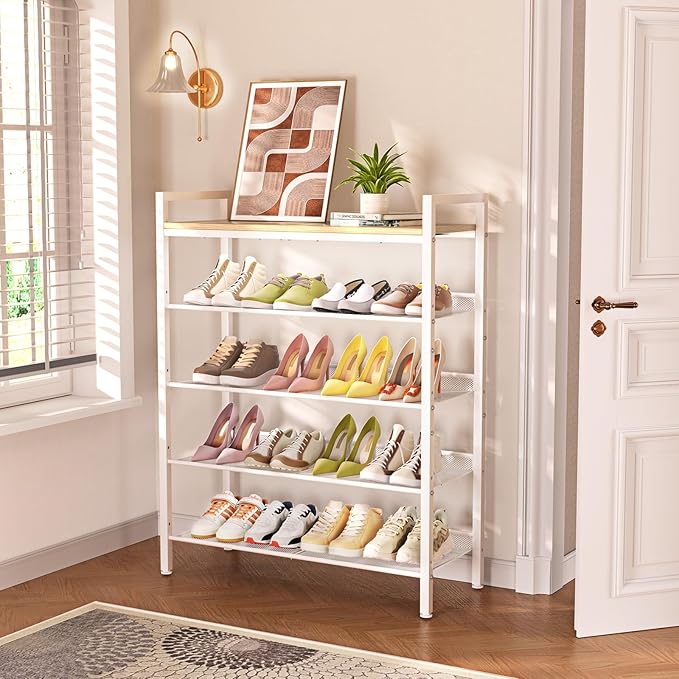 Shoe Rack for Front Door Entrance, 5 Tier Shoe Rack for Entryway, 16-20 Pairs of Shoes, Metal Shoe Racks Organizer, Free Standing Shoe Racks for Closet, Garage, Outdoor (White+Beige)