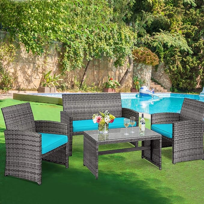 Tangkula 4 PCS Wicker Patio Conversation Set, Outdoor Rattan Sofas with Table Set, Patio Furniture Set with Soft Cushions & Tempered Glass Coffee Table for Poolside Balcony