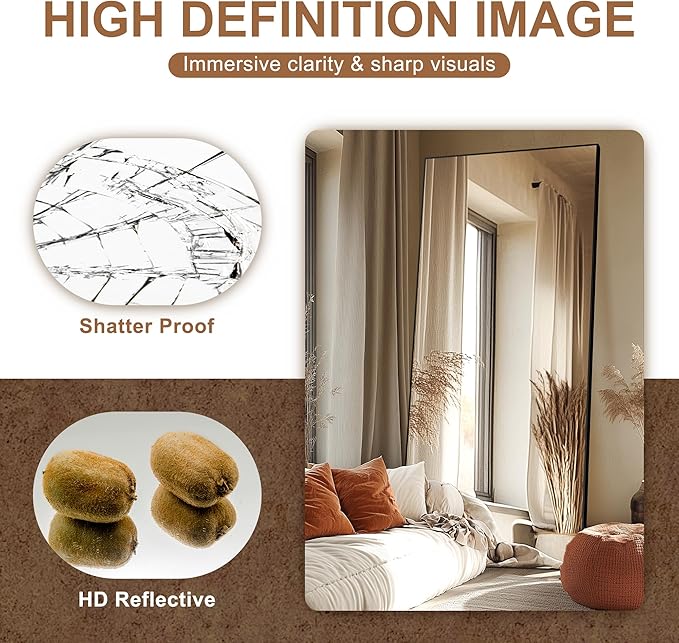 Delma Full Length Standing Mirror,Large Floor Mirror with Aluminum Frame for Bedroom, Bathroom, Living Room,Wall Mount or Freestanding Design(with Stand,Rect 75x35-Black)