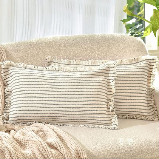 ZWJD Throw Pillow Covers 12x20 Set of 2 Striped Pillow Covers with Fringe Chic Cotton Decorative Pillows Square Cushion Covers for Sofa Couch Bed Living Room Farmhouse Decor
