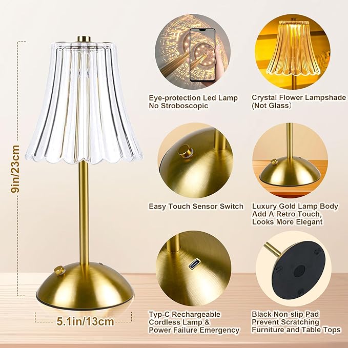 Cordless Table Lamps for Bedroom,Gold Cordless Battery Operated Table Lamp Rechargeable Decorative Bedside Dimmable Nightstand Lamp Small Touch Crystal Table Lamp,3 Color LED Lamp 2600mAh (Vintage)