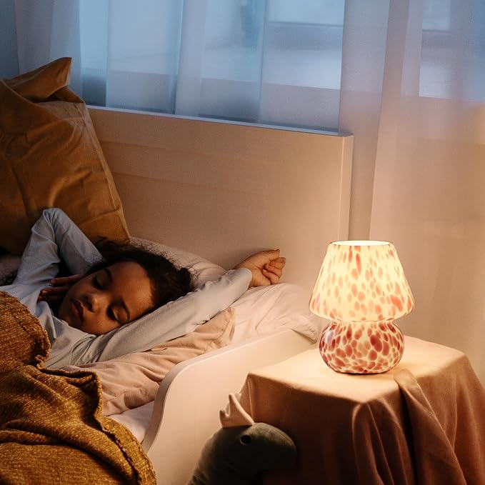 Cute Mushroom Lamp | Small Bedside Nightlight for Bedroom & Living Room | Adorable Blush Pink Translucent Glass Desk Light with E26 3000K Warm Bulb | Perfect Home Decor Gift for Girls & Women