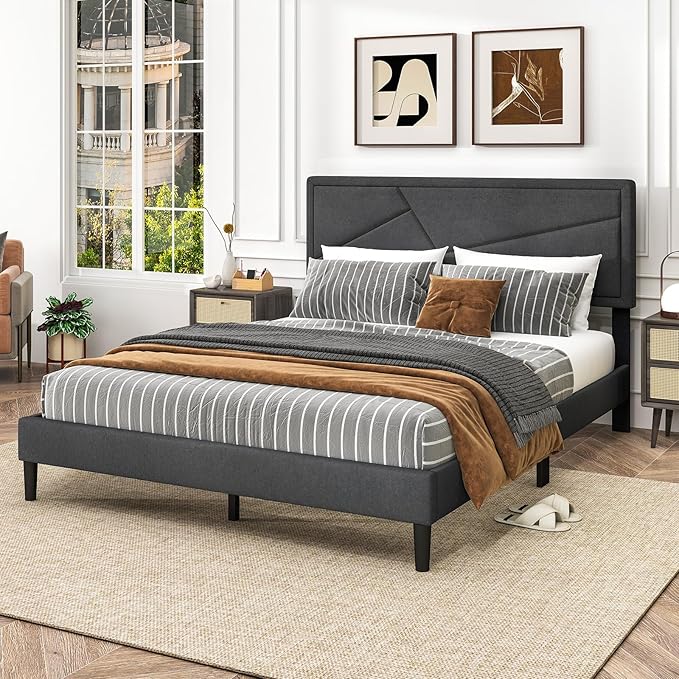 Giantex Queen Platform Bed Frame, Modern Upholstered Bed Frame with Geometric Tufting Headboard, Wooden Slats Support, No Box Spring Needed, Gray