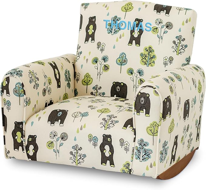 Toddler Personalized Armchair, Kids Upholstered Rocking Chair with Personalization, Toddler Chair with Personalized Name, Comfy Child Armchair, (Bears & Trees Print, Rockers)