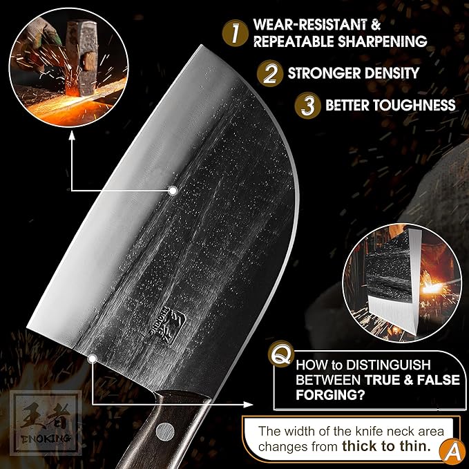 ENOKING Butcher Knife for Meat Cutting, 6.6 Inch HandForged Meat Cleaver Knife Heavy Duty Bone Chopper, High Manganese Steel Serbian Chef Knife with Leather Sheath and Full Tang Handle (Brown Handle)