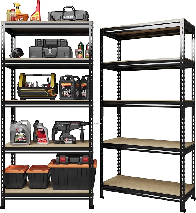 PrimeZone 32"W x 16"D x 63" H Storage Shelves - 2 Pack 5 Tier Adjustable Garage Storage Shelving, Heavy Duty Metal Storage Organizer Utility Rack Shelf Unit for Warehouse Pantry Closet Kitchen, Black